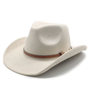 Classic beige suede cowboy hat with brown faux leather belt and gold metal buckle