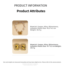 Detail of layered pearl necklace and square yellow rhinestone earrings in vintage style