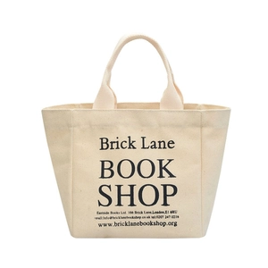 Versatile beige canvas tote bag with Brick Lane Book Shop print on white background