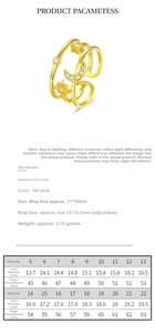 Size chart for S925 sterling silver star and moon ring with adjustable band and gold finish
