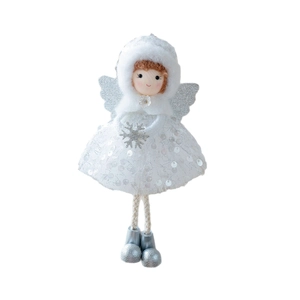Christmas angel doll ornament with white plush hat and silver sequin wings on white background