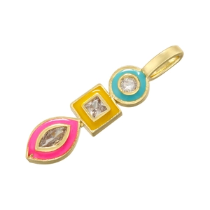 Close-up of geometric gold pendant with pink, yellow and turquoise enamel and crystals