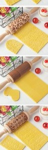 Detailed views of patterned wooden rolling pins creating snowflake and holiday dough designs