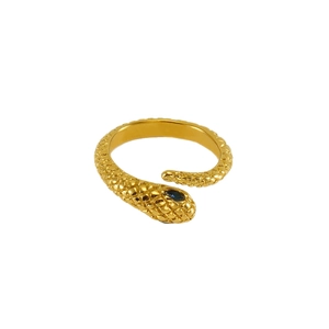 Minimalist gold snake-shaped open ring with blue stone and scale texture on white background