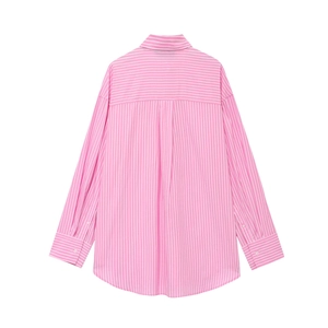 Flat lay back view of pink and white vertical striped long-sleeved casual button-down shirt