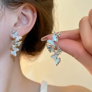 Butterfly Tassel Dangle Earrings Zircon Mother Of Artificial Pearl Copper Jewelry For Women Elegant Long With Silver Earring Post
