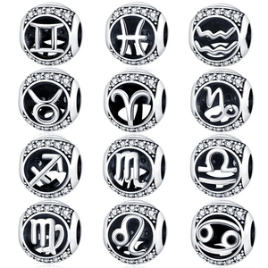 Zodiac Sign Charm Silver Plated Copper Cubic Zirconia Round Bead Pendant For DIY Bracelet Necklace Jewelry Making