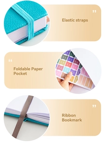 Detail of teal faux leather planner with elastic band, inner pocket and monthly index stickers