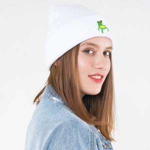 White knit beanie for women featuring a cute green frog embroidery in a casual style