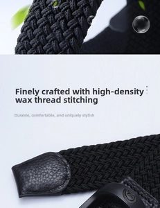 Détail d'une ceinture tressée noire élastique avec fil de cire et finition bout en cuir