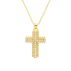 Close-up of golden cross pendant necklace featuring shimmering white zircon stones
