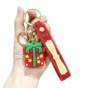Christmas gift box keychain with Merry Christmas wrist strap and golden metal ring