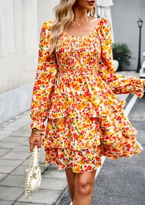 Detail of smocked bodice and layered ruffle hem on floral long sleeve mini dress