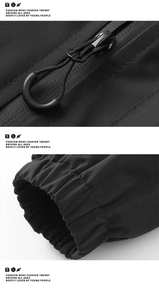Detail view of water-resistant fabric, heavy-duty zipper, and elastic cuffs on black jacket