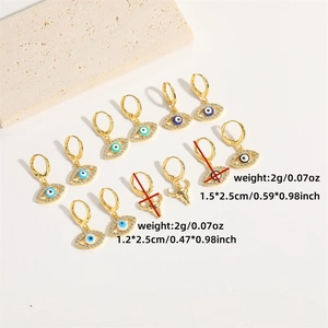 Gold evil eye and bull head earrings set with dimensions and weight details