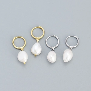 Elegant Hoop Earrings With 925 Sterling Silver Earring Post And Irregular Freshwater Pearl Dangle For Women