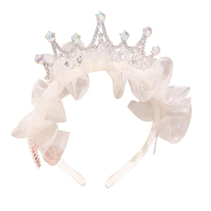 Girl's princess crown headband with rhinestones, white tulle ruffle and pearl tassels