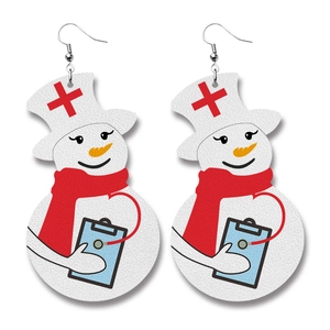 Macro view of nurse snowman themed PU leather earrings with red scarf and blue accents