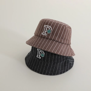 Gentleman boy striped wool fedora bucket hat with embroidered smiley and P letter