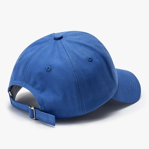 Navy blue cotton baseball cap with adjustable metal buckle shown from a 45-degree back view