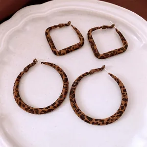 Leopard print flocked hoop earrings set with round and square shapes for women