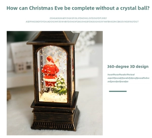 Detailed view of bronze Christmas lantern snow globe with Santa Claus and festive tree inside