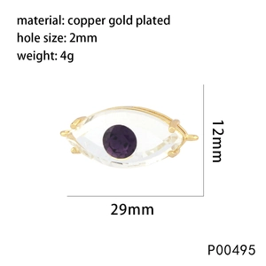 Macro view of evil eye jewelry connector in copper gold plating with size specifications
