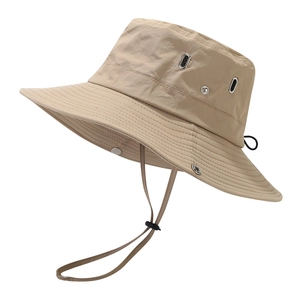 Quick-dry outdoor hiking sun hat in khaki with adjustable drawstring and wide brim