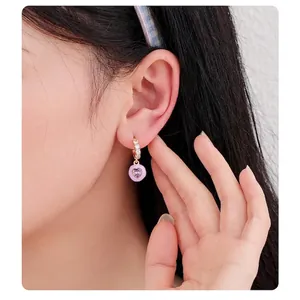 Handcrafted purple enamel heart drop earrings with gold inlay and zircon stones for women