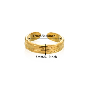 Detail view of gold snake-style open ring with texture and 17mm diameter size guide