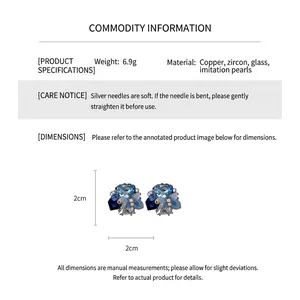 Detail view of blue glass butterfly earrings with product specs and measurements