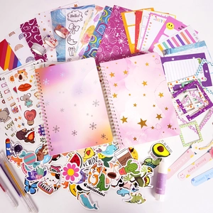 Kids DIY journal stationery set with spiral notebooks, stickers and colorful washi tapes