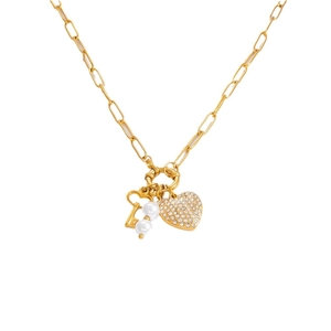 Gold stainless steel link chain necklace with crystal heart, key and pearl charms