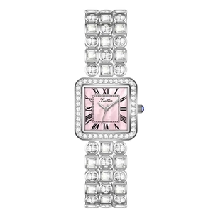 Elegant square silver watch with pink mother-of-pearl dial and diamond-set bracelet