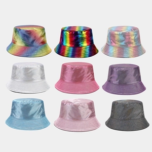 Rainbow PU leather reversible bucket hat shown in multiple vibrant holographic colors