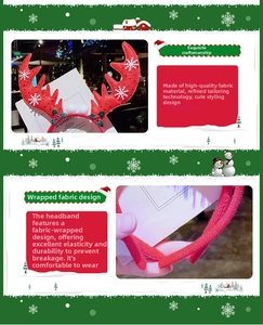 Detailed view of red knitted reindeer headband with snowflake embroidery and holly berries
