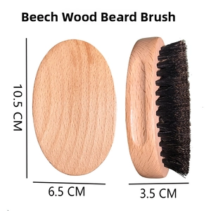 Detail view of beechwood beard brush with natural bristles and size dimensions