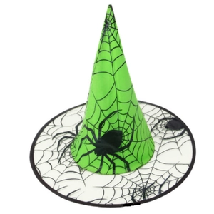 Auffälliger grün-weißer Halloween-Hexenhut mit detailliertem schwarzem Spinnennetz und Spinne