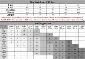 Size guide with detailed measurements for men striped long sleeve sweater in European sizes