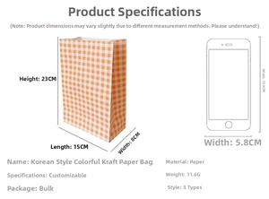 Detailed view of orange checkered kraft paper gift bag with size and weight dimensions
