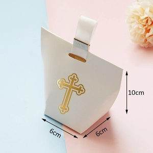 Detail of white cross candy box with 'FOR YOU' gold tag and ribbon, 10x6cm size