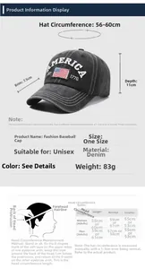 Size guide for vintage washed denim baseball cap with brim and circumference details
