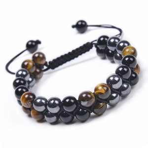 Pulsera de doble capa de ojo de tigre y obsidiana con cordón tejido ajustable