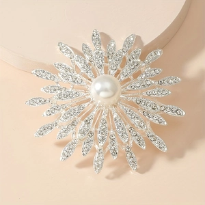 Elegant silver-toned double layer flower brooch with sparkling rhinestones and pearl center
