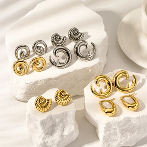 Minimalist stainless steel conch shell and wave stud earrings in gold and silver