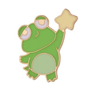 Detailed macro view of a cartoon frog enamel pin holding a yellow star with gold edges