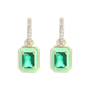 Gold huggie hoop earrings with green rectangular stone and light green enamel border