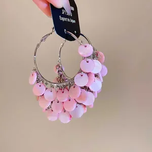 Silver needle geometric hoop earrings with pink shell tassels for beach vacation