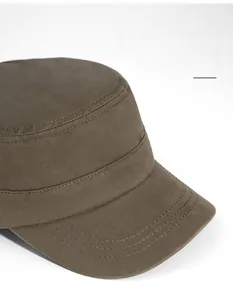 Detail view of cotton twill military cap with reinforced stitching on the wide brim