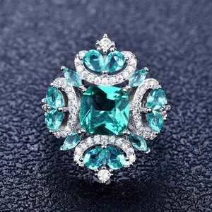 Vintage Luxurious Geometric Square Green Rhinestone Inlaid Copper Ring For Women Retro Floral Adjustable Open Jewelry